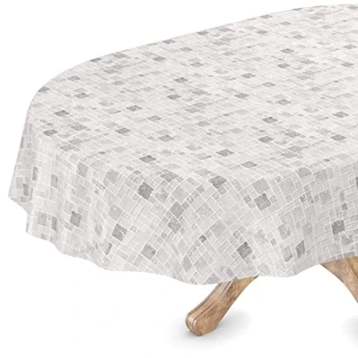 Imagen de Mantel de hule vinilo, lavable, ovalado, 140 x 180 cm, borde cortado, azulejos grises