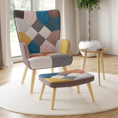 Imagen de IDMarket Sillón escandinavo Ivar con reposapiés, tejido de retales multicolor
