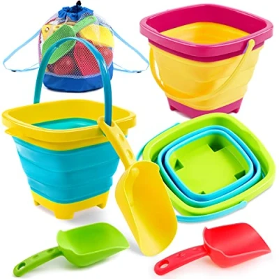 Imagen de Sloosh 3 Cubos Plegables con Palas, Cubo de Arena, Agua, Caja Cuadrado para Fiesta Verano, Plegable Silicona, niños, Juguetes Playa,