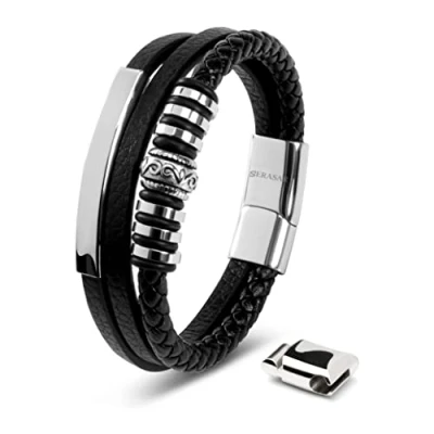 Imagen de SERASAR Pulsera España Hombre Plata 17cm de Cuero Plateado Pulseras Hombres Brazalete Pulso Muñequera Bisuteria Bisutería Joyeria Nudos Cuerda Cuerdas Bracelet Jewellery Ancha