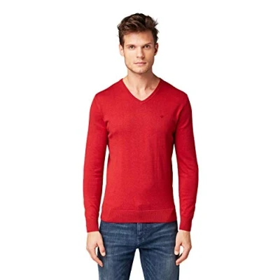 Imagen de TOM TAILOR 202212 Strickpullover V Ausschnitt Jersey básico para Hombre, Rojo (14823 Lumberjack Red Melange), M