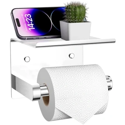 Imagen de ARSUK Portarrollos Papel higiénico sin Taladro Autoadhesivo con balda, Acero Inoxidable 14x9.5x11cm (Espejo Pulida)