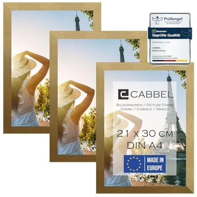 Imagen de CABBEL paquete de tres (3 uds.) marco DIN A4 21x30 madera MDF en dorado con cristal Plexi inastillable/Moderno