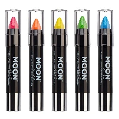 Imagen de Moon Glow Barra de pintura facial/crayón corporal con purpurina UV neón, maquillaje para rostro y cuerpo Brilla intensamente bajo iluminación UV5 Unidades (Paquete 1)