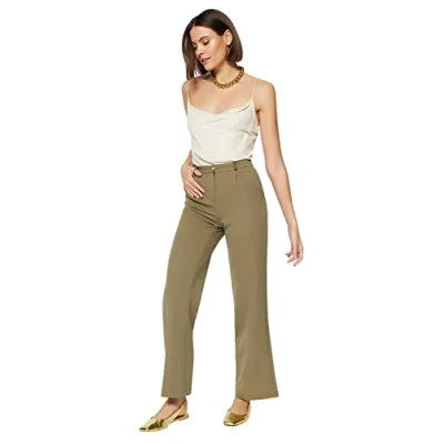 Imagen de Trendyol Woman Basics Pantalones De Pierna Ancha y Cintura Normal, Luz Color Caqui, 60 para Mujer