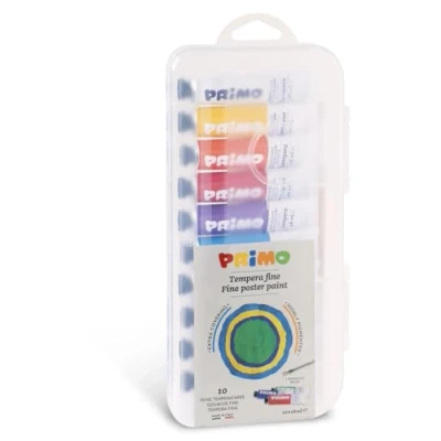Imagen de PRIMO Témperas para Niños +3 Años 10 x 18ml + Pincel Pintar, Colores Acuarelables y Diluibles, a Témpera Finos Pintura en Tela, Papel, Vidrio Manualidades