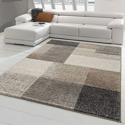 Imagen de Teppich Traum Alfombra Moderna por Salón con Cuadros Abstractos fácil de Limpiar Gris Beis Größe 200x280 cm