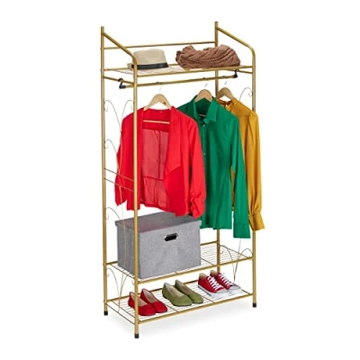 Imagen de Relaxdays Perchero Burro Metálico Adornos, Colgador Ropa Retro, 161x78x36 cm, 3 Baldas y Barra Perchas, Color Dorado, Hierro, 161 x 78 36 cm