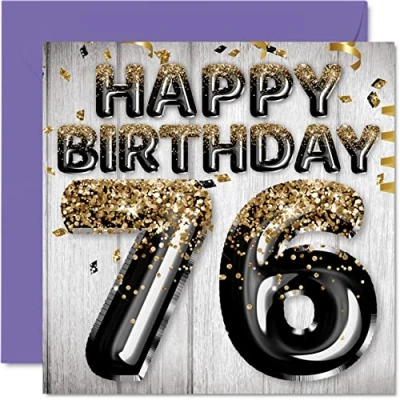 Imagen de Tarjeta de cumpleaños 76 para hombres, globos negros y dorados con purpurina, tarjetas feliz hombre años, papá, bisabuelo, abuelo, 145 mm x mm, setenta
