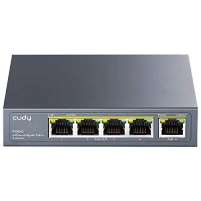 Imagen de Cudy 4 Canales Gigabit PoE Extender, 10/100 / 1000Mbps, 1 Entrada de Refuerzo, Salida PoE, Repetidor/PoE + Amplificador/PoE ++, Montaje en Pared, 802.3bt 802.3at 802.3af