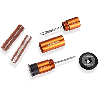 Imagen de Granite Stash Kit de Reparación Pinchazos Neumáticos Tubeless para Bicicleta Almacenamiento Fácil en el Manillar Completo 2 Tapones Tamaños Diferentes (Naranja)