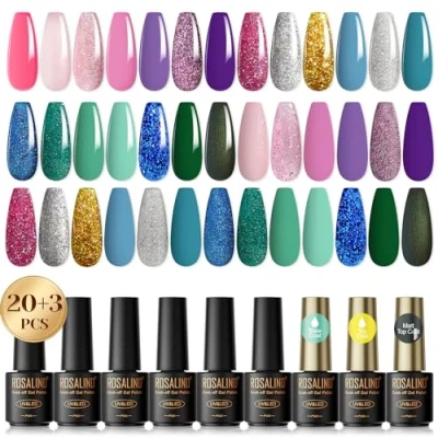 Imagen de ROSALIND 23Pcs Esmalte Semipermanente, 20 Colores Mini Rosa Nude Morado Verde Azul Glitter Pintauñas Semipermanentes para Principiantes Art DIY