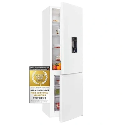 Imagen de Exquisit® Frigorífico Combi, 260L, Clase D, Color Blanco, Dispensador de Agua, Cajón Verdulero, Estantes Cristal, Luz LED, Altura Regulable, Consumo 168 kWh/año, Medidas 179,5x55x56 Cm.