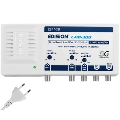 Imagen de EDISION CAM 300 Amplificador Antena TV, Central Banda Ancha, 2UHF, 1VHF/FM, 18 34db Ajustable, 115dBmV, para Digitale Terrestre DVB T/T2, con Filtro 5G LTE, UHF 470 694Mhz, VHF/FM 47 230MHz