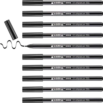 Imagen de edding 1255 rotulador caligráfico negro 10 rotuladores punta 2 mm de fibra para papel, madera, terracota principiantes, letras a mano, bullet journals, libros caligrafía