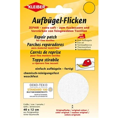 Imagen de Kleiber Cinta de reparación algodón, Extra Suave, termoadhesiva, 40 x 12 cm, Color Blanco