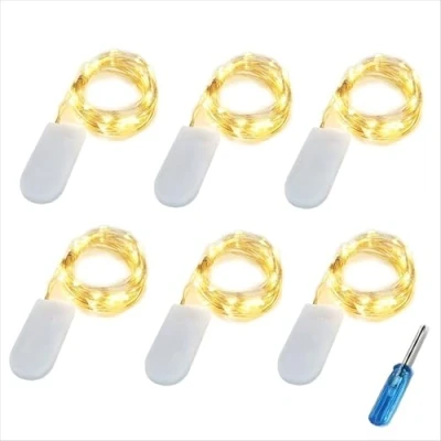 Imagen de BXROIU 6 x Guirnaldas de luces a pilas, alambre plateado cadenas 2 metros 20 LEDs,para decorar dormitorios,jardines,fiestas,Navidad,Halloween,bodas y más(Blanco cálido)