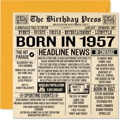 Imagen de Tarjetas de cumpleaños 67 para hombres y mujeres, periódico nacido en 1957, tarjeta feliz abuelo, abuela, vintage, retro, Back In 145 mm x