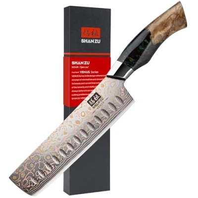 Imagen de SHAN ZU Cuchillo Nakiri Damasco de Cobre y Acero 33 capas, Cocina Damas, para Verdura Japonés Forjado a Mano con Mango Madera Arce VENUS Series