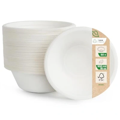 Imagen de Love Nature Cuenco biodegradable desechable con tapa, 50 unidades 500ml, color blanco, para fiestas, alimentos calientes o fríos, respetuoso el medio ambiente, compostable(MTC02)