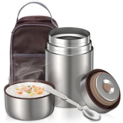 Imagen de Termo Comida Caliente 801ml, Termos para Acero Inoxidable Termico Recipiente con Bolsa Aislada e Cuchara Plegable, Solidos y Líquid, Gris