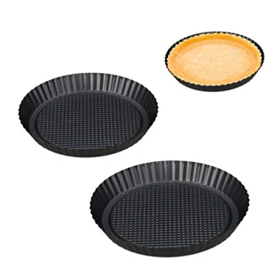 Imagen de Relaxdays Molde Quiche, Set 3, 21/26/28 cm Ø, Recipiente Horno Tarta, Antiadherente, Ondulado, Base Torta, Antracita, Acero
