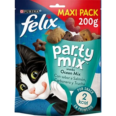 Imagen de Purina Felix Party Mix Ocean, Snack, premio para Gato con Salmón, Carbonero y Trucha, Maxi Pack 5 bolsas de 200g