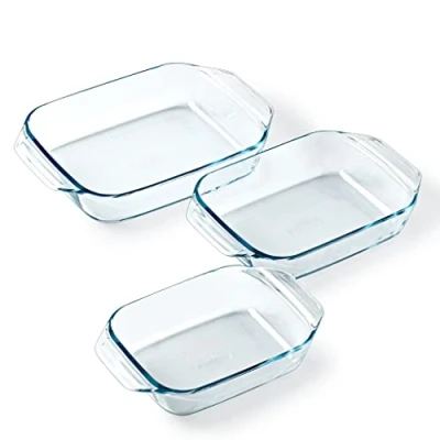Imagen de Pyrex Juego de 3 platos horno rectangular para 2 a 6 personas, tamaños, vidrio borosilicato, asas anchas, resistencia extrema, compatible con lavavajillas