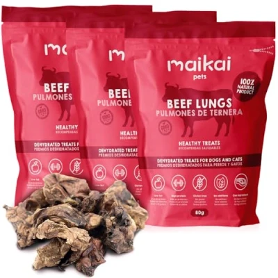 Imagen de MAIKAI Pulmones Deshidratados 3 Packs x 80 g Chuches para Perros Snacks 100% Naturales Dieta Barf Premios Cachorros Saludables
