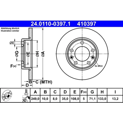 Imagen de ATE 24.0110 0397.1 Disco de freno 249,0 10,0 5 108,0 macizo revestido con tornillos PEUGEOT: 308 II Hatchback, SW 2, Furgón / Hatchback