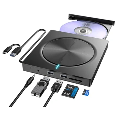 Imagen de Lector CD/DVD Externo, Grabadora Externa con USB 3.0 y C, Unidades Portátil / RW/ROM Estable, Tarjetas SD TF 2 Puertos para PC/Portátil/Win 11/10/8/7/XP/Vista/MacOS/Linux