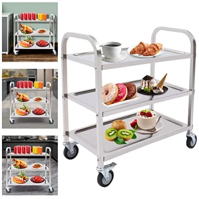 Imagen de Carro de servicio acero inoxidable con ruedas, carrito cocina, transporte, multiusos, comida, color plateado, 3 niveles, 4 ruedas (75 x 40
