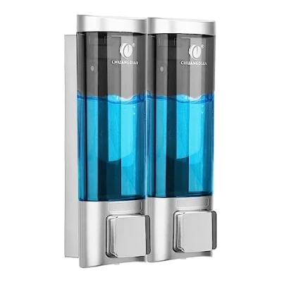 Imagen de dispensador de jabón fijación a la Pared, Gel Ducha, para Hotel, sin taladrar, ABS Negro (2x200 ml) (Blanco)