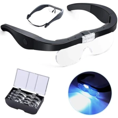 Imagen de Lupa de Cabeza con 2 Luces LED, Recargable por USB, Lentes LED Manos Libres para Pasatiempos, Lectura, Manualidades, Trabajo cercano, 4 Desmontables 1,5X, 2,5X, 3,5X, 5X
