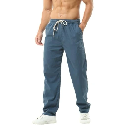 Imagen de Hoerev Pantalones de Lino Informales Verano para Hombre Estilo Playero,Azul,x Large
