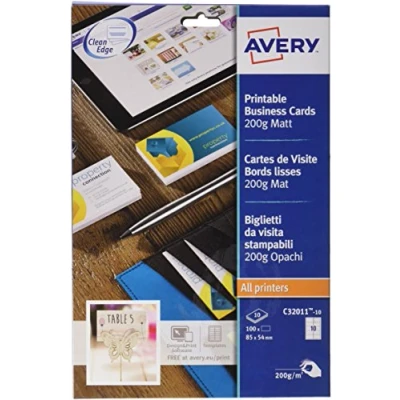 Imagen de Avery C32011 100 Pack de hojas tarjetas visita blancas (1000 tarjetas), 85 x 54 mm