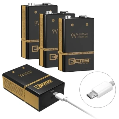 Imagen de EEMB Recargable batería de 9V 650mah, con Cable Carga USB 4 Paquetes polímero Litio y Litio, para Teclado, micrófono, Alarma Humo/Detector(4)