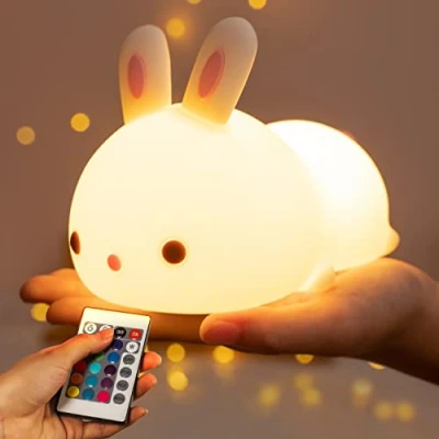 Imagen de One Fire Luz Nocturna Infantil, 16 Color Quitamiedos, Silicona&amp; USB Recargable Bebe, Portatil de Noche para Niños,Conejito Lampara Regalo Bebe Recien Nacido