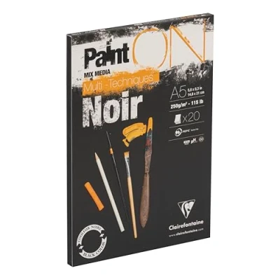 Imagen de Clairefontaine 975168C Bloc Collé PaintON Multi techniques 20 Feuilles Papier Dessin au Grain Légèrement Rugeux Noir A5 14,8x21 cm 250g