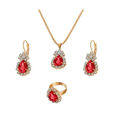 Imagen de QKEPCY Juegos de Joyas para Mujer Niña Conjunto Collar Pendientes Colgantes y Anillos con Circonitas Lágrima Oro Boda Novia Fiesta Regalo Joyería (Rojo)
