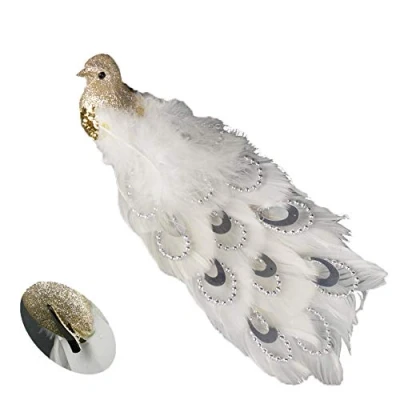 Imagen de Clip de Cola Pavo Real con Cuentas 21 cm Largo, para decoración árbol Navidad, Color Dorado