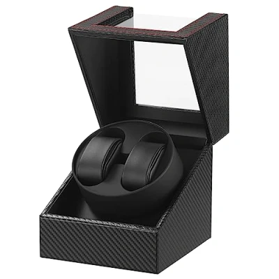 Imagen de DRAIGERWAY Caja Giratoria para Relojes Automatische Uhrenbeweger Box PU Leder Uhrengehäuse mit leisem Motor Batteriebetrieb Oder Netzteil für Automatikuhren… (Faser aus Kohlenstoff DGW)