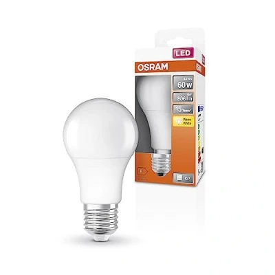 Imagen de OSRAM LED Star Classic A60 LECH para enchufe E27, forma de pera, FR, 806 lumen, blanco cálido (2700k), reemplazo bombillas convencionales 60W, no dimmables, paquete 6