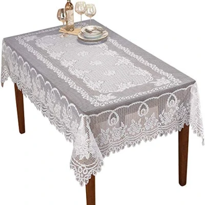 Imagen de NC AMIPOS Mantel de Encaje Blanco con Ganchillo, Lavable, poliéster Jacquard, para Fiesta Boda, Restaurante, Banquete, decoración Picnic (Blanco, 152 x 228 cm)