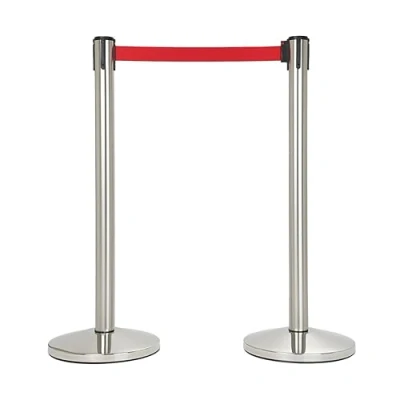 Imagen de Danieli Store 2 Postes Separadores de Acero Cromado Pulido con Cinta 3mt Rojo Base Reforzada y Goma Antideslizante Poste Retráctil Sistema Seguridad (Rojo)
