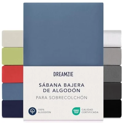 Imagen de Dreamzie Sabanas 140x200 cm 160x200 cm, Sabana Bajera para Colchones de hasta 15 Altura, 100% Algodon 150 g/m² Azul Certificada sin Productos Químicos (Oeko Tex)