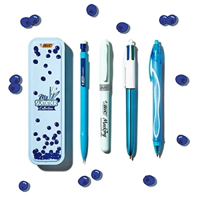 Imagen de BIC Summer Blue Box, Estuche metálico Azúl que incluye: Rotulador de Gel Punta Media (0,7 mm), Portaminas, Bolígrafo 4 Colores (1,00 Subrayador Azúl, (Paquete 1, Uds dentro)