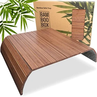 Imagen de BAM BOO BOX Bandeja de Bambú para Sofá Posavasos Reposabrazos Bebidas y Aperitivos Madera Marrón Oscuro