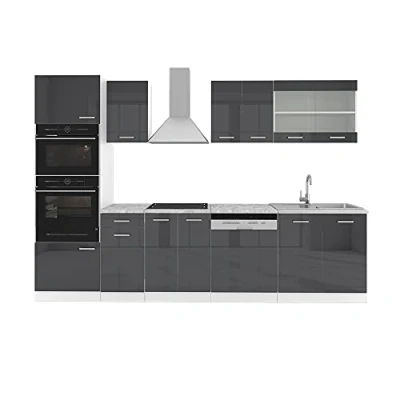 Imagen de Vicco Mueble de Cocina R Line, Antracita Brillo Intenso/Blanco, 300 cm con Armario Alto, ET Mármol