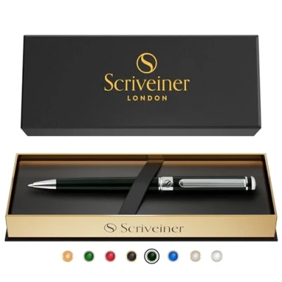 Imagen de Scriveiner Bolígrafo Lujoso Verde Muy Oscuro de Diseño, Acabado Cromado, Recambio Negro Schmidt, Mejor Set Regalo Empresa para Hombres y Mujeres, Oficina Ejecutiva Profesional